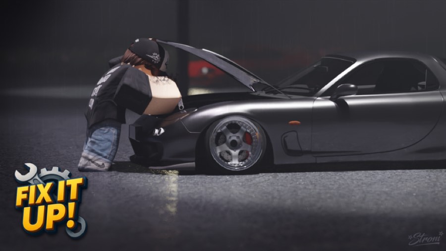 Player crouched beside a finished matte-black build with silver wheels